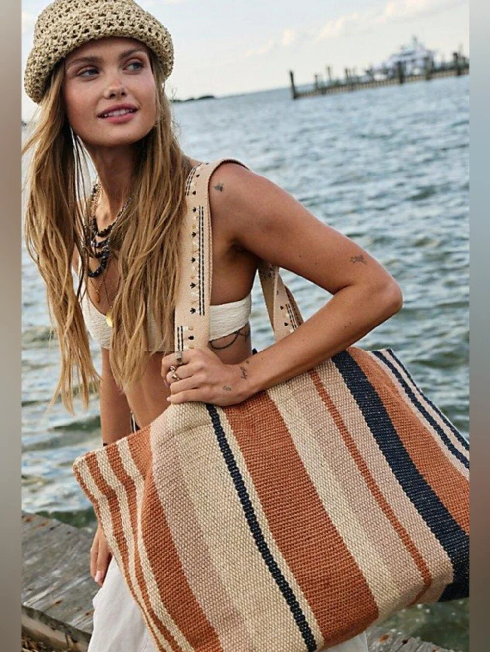Free People Copacabana Carryall Woven Design Tote Bag.